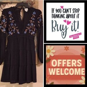 Blue Rain Black Dress with Blue Floral Details. NWOT Size XS